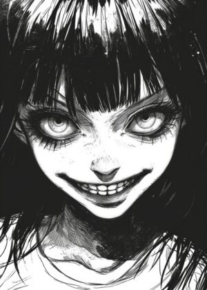Creepy Anime Girl: A Dark and Haunting Illustration - Premium Wooden Framed Poster. Ready to Hang.