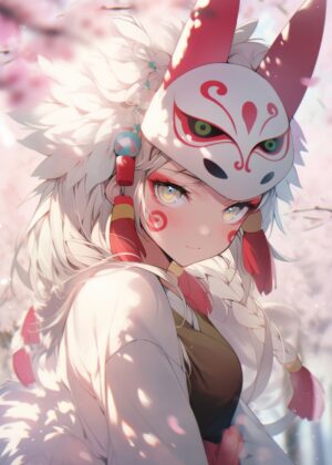Anime Girl with Kitsune Mask: Elegant Artwork - Premium Wooden Framed Poster. Ready to Hang.