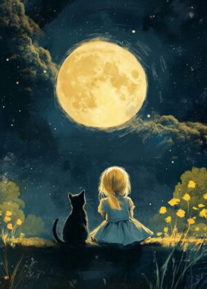 Girl and Cat Under Full Moon: A Whimsical Nighttime Scene - Premium Wooden Framed Poster. Ready to Hang.