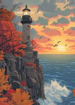 Autumn Lighthouse Sunset Anime Art Print - Premium Wooden Framed Poster. Ready to Hang.