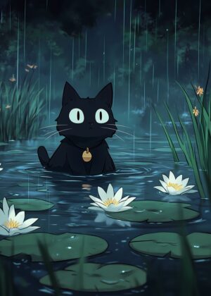Rainy Day Black Cat - Premium Wooden Framed Poster. Ready to Hang.