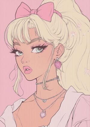 Anime Girl with Pink Bow: Sweet and Stylish Artwork - Premium Wooden Framed Poster. Ready to Hang.