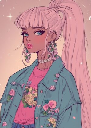 Floral Fashion Girl: Pastel Pink Anime Art Print - Premium Wooden Framed Poster. Ready to Hang.