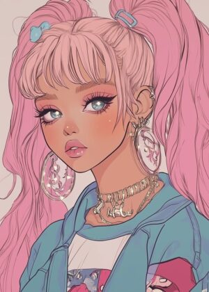 Anime Girl with Pink Hair: Cute Kawaii Style Illustration - Premium Wooden Framed Poster. Ready to Hang.