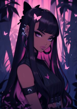 Anime Girl with Pink Butterflies in a Dark Forest - Premium Wooden Framed Poster. Ready to Hang.