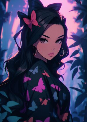 Anime Girl with Butterfly Motifs: Dark Academia Aesthetic - Premium Wooden Framed Poster. Ready to Hang.