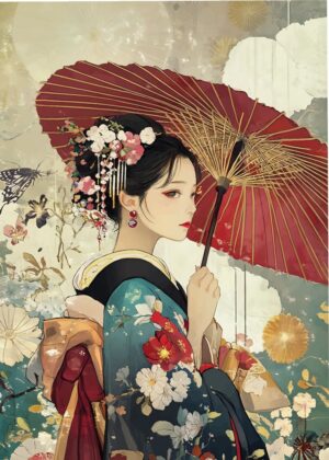 Elegant Geisha with Red Umbrella: Japanese Art Print - Premium Wooden Framed Poster. Ready to Hang.