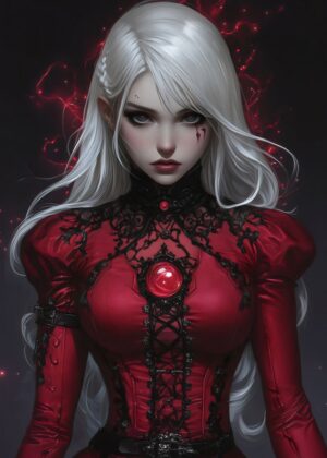 Crimson Blood Sorceress: Fantasy Art Print - Premium Wooden Framed Poster. Ready to Hang.