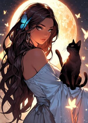 Enchanted Moonlight: Woman and Cat Art Print - Premium Wooden Framed Poster. Ready to Hang.