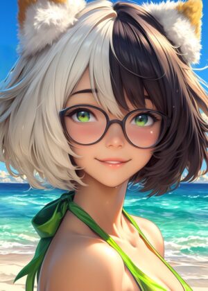 Anime Girl with Cat Ears at the Beach - Premium Wooden Framed Poster. Ready to Hang.