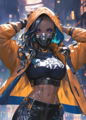 Cyberpunk Female Character Art Print - Premium Wooden Framed Poster. Ready to Hang.