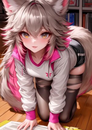 Anime Fox Girl Artwork: Elegant and Playful - Premium Wooden Framed Poster. Ready to Hang.