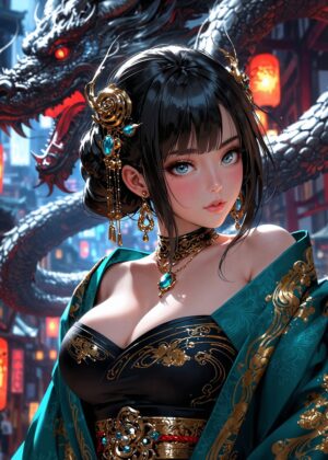 Dragon's Embrace: A Fantasy Beauty - Premium Wooden Framed Poster. Ready to Hang.