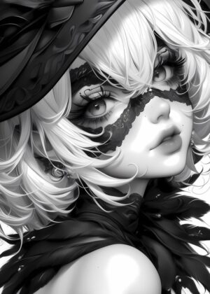 Anime Girl with Lace Mask: Monochrome Elegance - Premium Wooden Framed Poster. Ready to Hang.