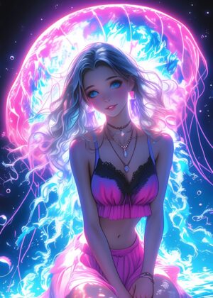 Anime Girl and Jellyfish: A Dreamy Digital Art Print - Premium Wooden Framed Poster. Ready to Hang.