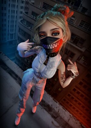 Cyberpunk Girl Rooftop: Neon City Nights - Premium Wooden Framed Poster. Ready to Hang.
