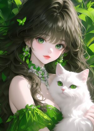 Anime Girl and White Cat: A Dreamy Green Escape - Premium Wooden Framed Poster. Ready to Hang.