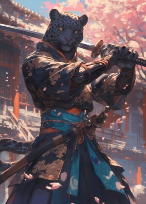 Elegant Leopard Samurai Artwork: Digital Print - Premium Wooden Framed Poster. Ready to Hang.