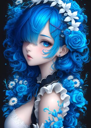 Stunning Blue-Haired Anime Girl Art Print - Premium Wooden Framed Poster. Ready to Hang.