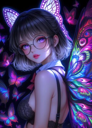 Anime Girl with Luminescent Butterfly Wings - Premium Wooden Framed Poster. Ready to Hang.