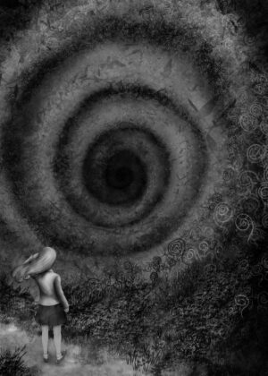 Girl Facing a Mysterious Vortex: A Monochrome Artwork - Premium Wooden Framed Poster. Ready to Hang.