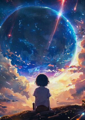 Anime Girl Gazing at a Celestial Landscape - Premium Wooden Framed Poster. Ready to Hang.