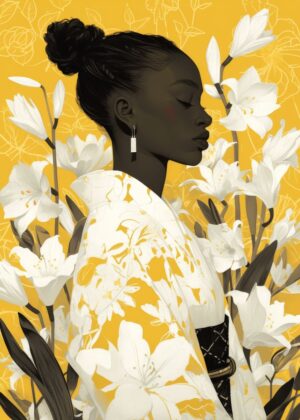 Floral Queen: A Serene Kimono Artwork - Premium Wooden Framed Poster. Ready to Hang.