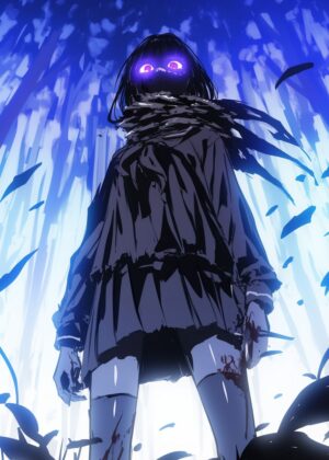 Anime Girl with Purple Eyes: Dark Fantasy Art Print - Premium Wooden Framed Poster. Ready to Hang.