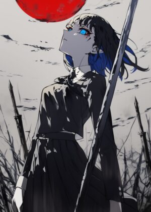 Anime Girl with Sword: Dark Fantasy Artwork - Premium Wooden Framed Poster. Ready to Hang.