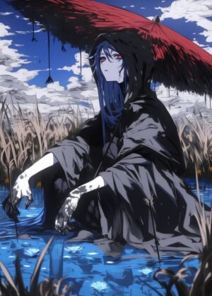 Anime Girl with Umbrella in a Mystical Setting - Premium Wooden Framed Poster. Ready to Hang.