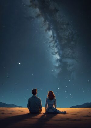 Starry Night Romance: Couple Under the Milky Way - Premium Wooden Framed Poster. Ready to Hang.