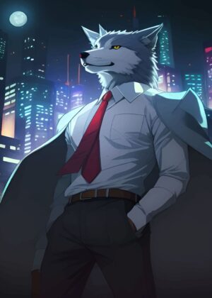Stylish Wolf in City Nights: Anime Art Print - Premium Wooden Framed Poster. Ready to Hang.