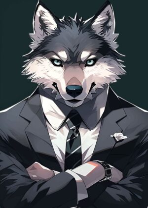 Stylish Wolf in a Suit - Anime Art Print - Premium Wooden Framed Poster. Ready to Hang.