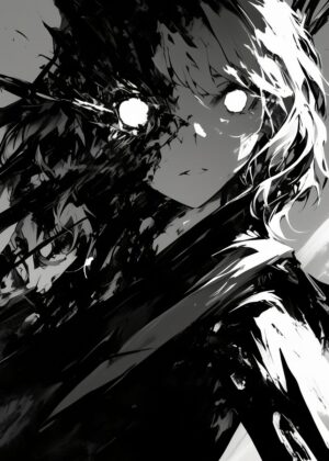 Dark Anime Girl: Abstract Monochrome Artwork - Premium Wooden Framed Poster. Ready to Hang.