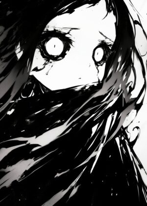 Distressed Anime Girl: Black and White Artwork - Premium Wooden Framed Poster. Ready to Hang.