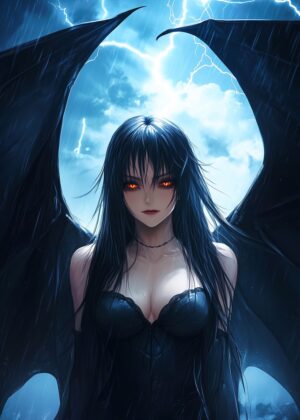 Gothic Anime Girl with Wings: Dark Fantasy Art Print - Premium Wooden Framed Poster. Ready to Hang.