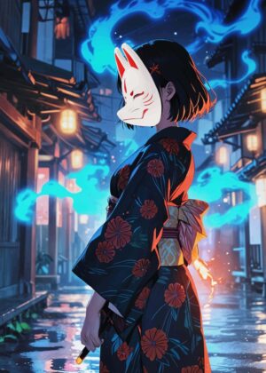 Anime Girl with Kitsune Mask in a Mystical Night Scene - Premium Wooden Framed Poster. Ready to Hang.