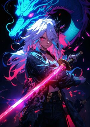 Cyberpunk Anime Girl with Dragon and Katana - Premium Wooden Framed Poster. Ready to Hang.
