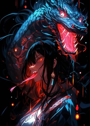 Anime Girl and Dragon: Dark Fantasy Art Print - Premium Wooden Framed Poster. Ready to Hang.