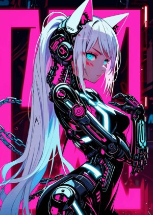 Cyberpunk Anime Girl Art Print - Premium Wooden Framed Poster. Ready to Hang.