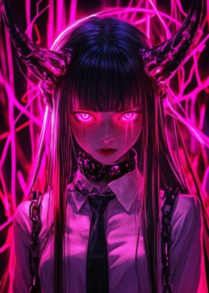 Pink Demon Girl Neon Art Print - Premium Wooden Framed Poster. Ready to Hang.