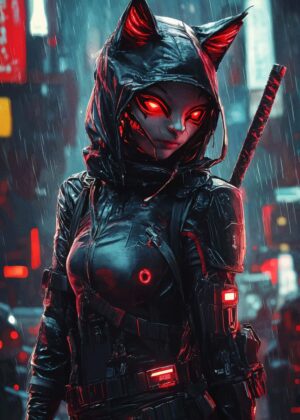Cyberpunk Catgirl Warrior: Digital Art Print - Premium Wooden Framed Poster. Ready to Hang.