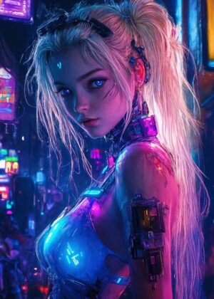 Cyberpunk Woman Portrait: Neon Dreams - Premium Wooden Framed Poster. Ready to Hang.