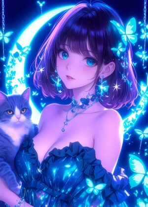 Anime Girl with Cat and Butterflies: Magical Night - Premium Wooden Framed Poster. Ready to Hang.