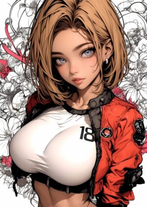 Anime Girl in Red Jacket: Fierce and Stylish Digital Art Print - Premium Wooden Framed Poster. Ready to Hang.