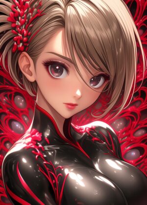 Anime Girl in Red and Black: Fiery Elegance - Premium Wooden Framed Poster. Ready to Hang.