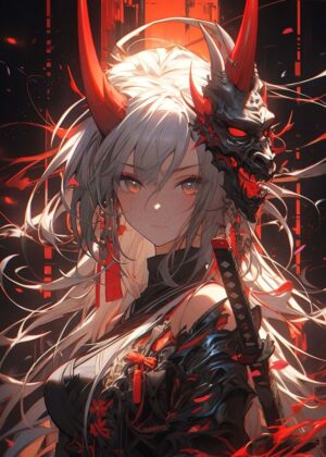Fierce Anime Girl with Oni Mask Artwork - Premium Wooden Framed Poster. Ready to Hang.