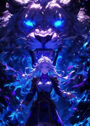 Anime Girl and Majestic Lion: A Mystical Fusion - Premium Wooden Framed Poster. Ready to Hang.