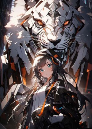 Cyberpunk Tiger Mech Girl: Futuristic Anime Art Print - Premium Wooden Framed Poster. Ready to Hang.