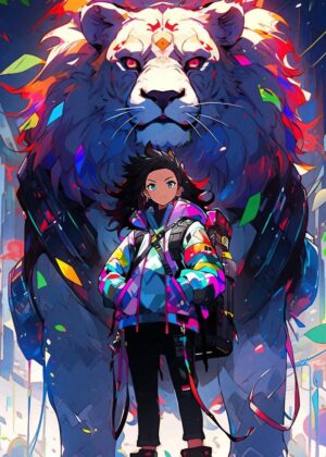 Anime Girl and Majestic Lion: A Vibrant Fusion of Fantasy and Modernity - Premium Wooden Framed Poster. Ready to Hang.